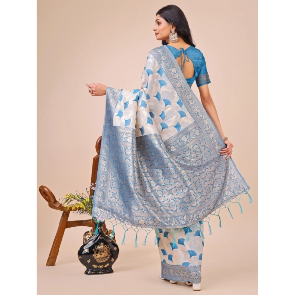 Generic Women's Linen Cotton Printed Saree With Unstitched Blouse 5.5Mtr (Sky Blue) - Sky Blue