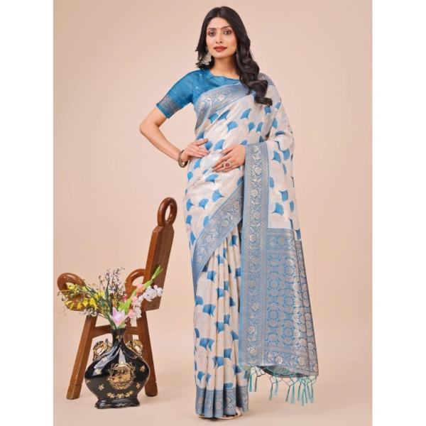 Generic Women's Linen Cotton Printed Saree With Unstitched Blouse 5.5Mtr (Teal) - Teal