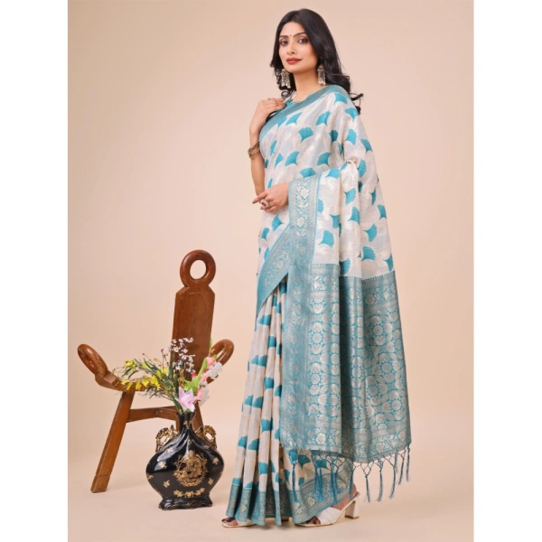 Generic Women's Linen Cotton Printed Saree With Unstitched Blouse 5.5Mtr (Teal) - Teal