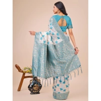 Generic Women's Linen Cotton Printed Saree With Unstitched Blouse 5.5Mtr (Teal) - Teal