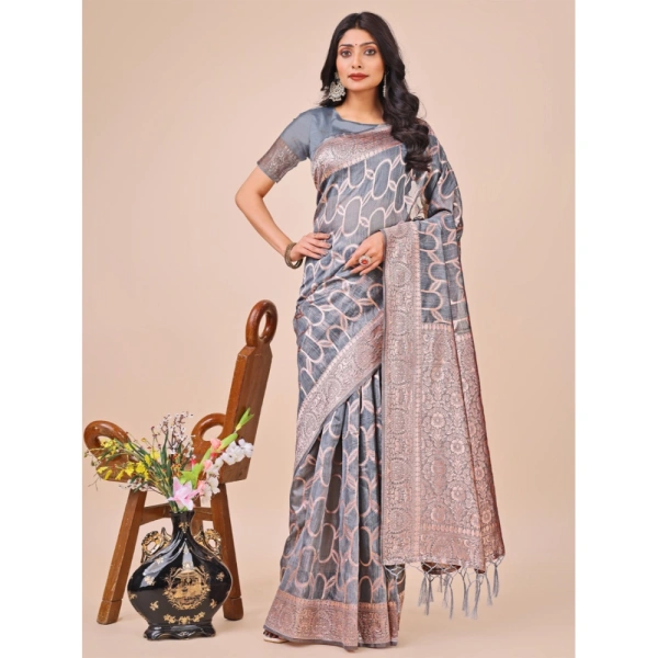 Generic Women's Linen Cotton Printed Saree With Unstitched Blouse 5.5Mtr (Grey) - Grey