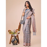 Generic Women's Linen Cotton Printed Saree With Unstitched Blouse 5.5Mtr (Grey) - Grey