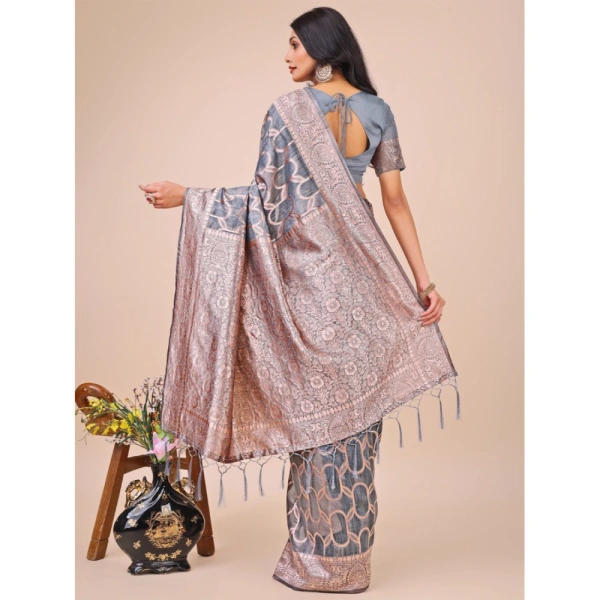 Generic Women's Linen Cotton Printed Saree With Unstitched Blouse 5.5Mtr (Grey) - Grey