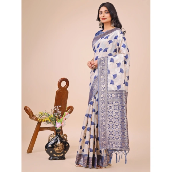 Generic Women's Linen Cotton Printed Saree With Unstitched Blouse 5.5Mtr (Blue) - Blue