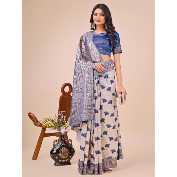 Generic Women's Linen Cotton Printed Saree With Unstitched Blouse 5.5Mtr (Blue) - Blue