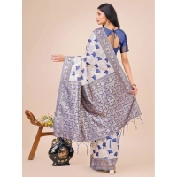 Generic Women's Linen Cotton Printed Saree With Unstitched Blouse 5.5Mtr (Blue) - Blue