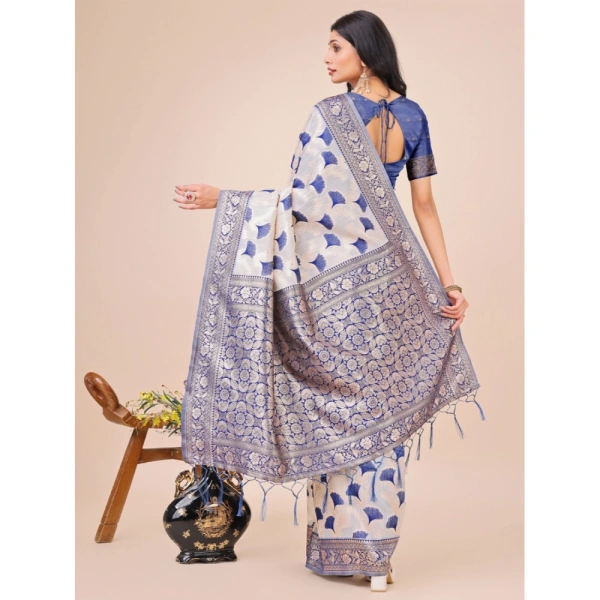 Generic Women's Linen Cotton Printed Saree With Unstitched Blouse 5.5Mtr (Blue) - Blue