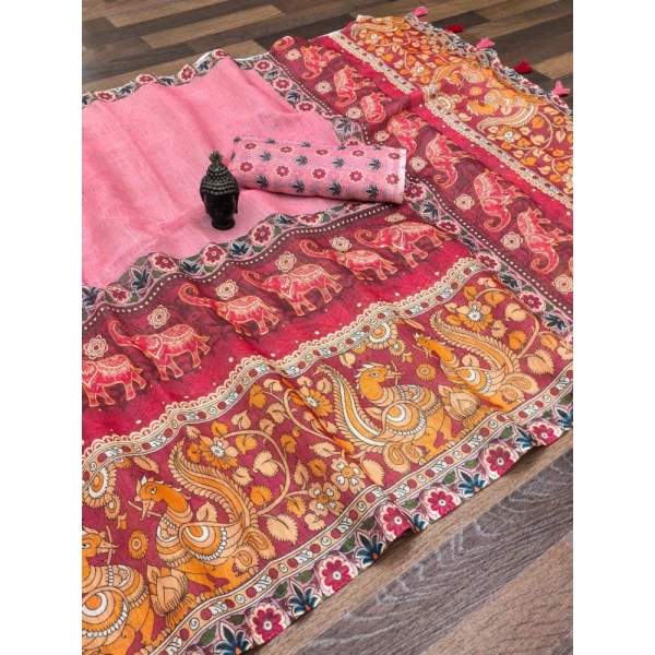 Generic Women's linen Digital Print Saree With Unstitched Blouse 5.5Mtr (Pink) - Pink
