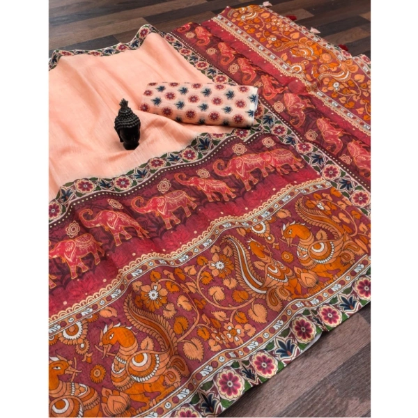 Generic Women's linen Digital Print Saree With Unstitched Blouse 5.5Mtr (Peach) - Peach
