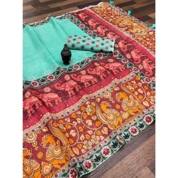 Generic Women's linen Digital Print Saree With Unstitched Blouse 5.5Mtr (Turquoise) - Turquoise