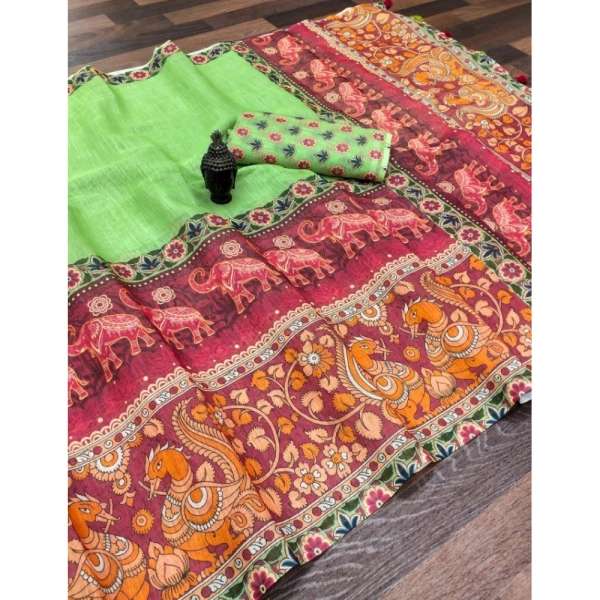 Generic Women's linen Digital Print Saree With Unstitched Blouse 5.5Mtr (Light Green) - Light Green