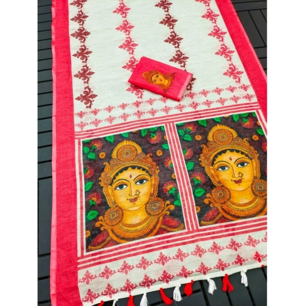 Generic Women's linen Digital Print Saree With Unstitched Blouse 5.5Mtr (White) - White