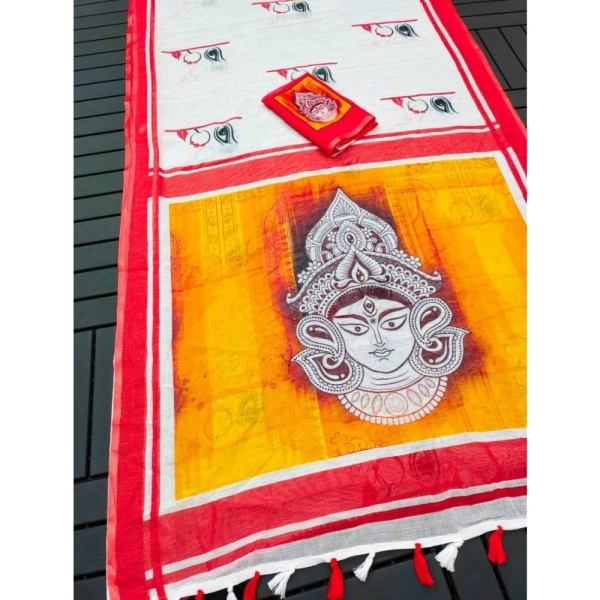Generic Women's linen Digital Print Saree With Unstitched Blouse 5.5Mtr (White) - White