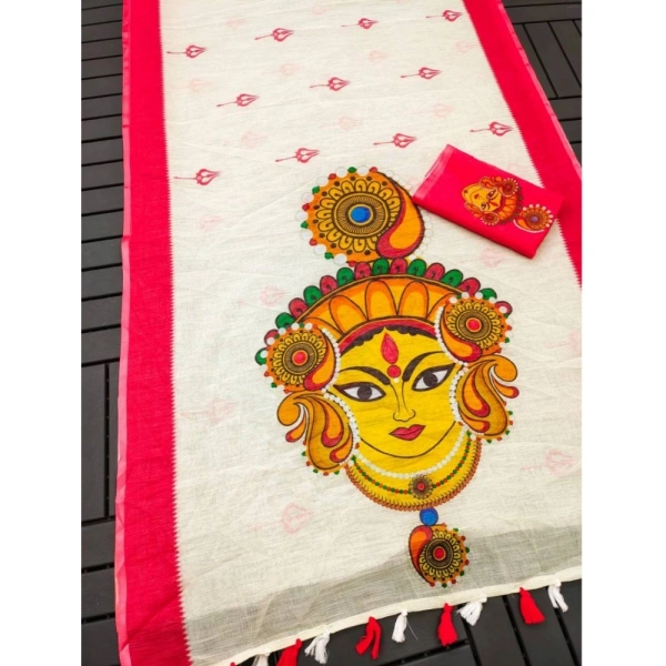 Generic Women's linen Digital Print Saree With Unstitched Blouse 5.5Mtr (White) - White