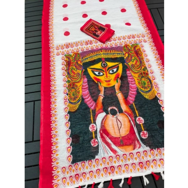 Generic Women's linen Digital Print Saree With Unstitched Blouse 5.5Mtr (White) - White
