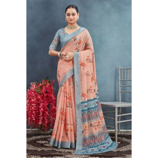 Generic Women's Linen Floral Printed Saree With Unstitched Blouse 5.5Mtr (Orange) - Orange