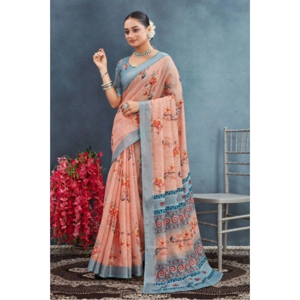 Generic Women's Linen Floral Printed Saree With Unstitched Blouse 5.5Mtr (Orange) - Orange