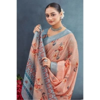 Generic Women's Linen Floral Printed Saree With Unstitched Blouse 5.5Mtr (Orange) - Orange