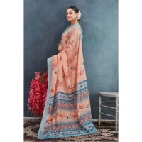 Generic Women's Linen Floral Printed Saree With Unstitched Blouse 5.5Mtr (Orange) - Orange
