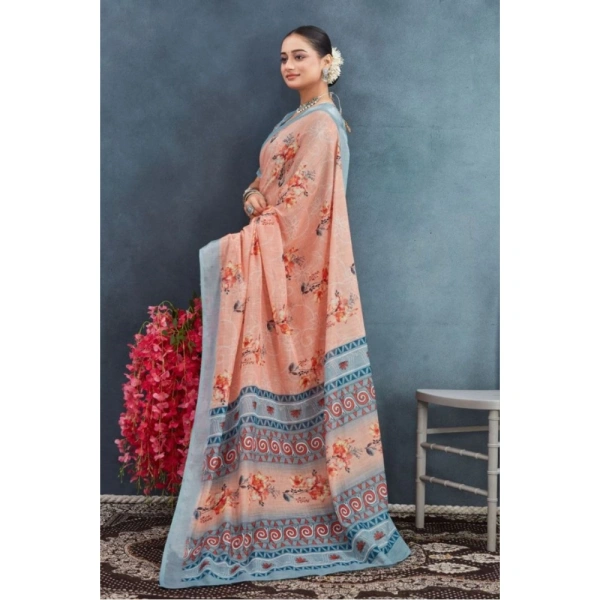 Generic Women's Linen Floral Printed Saree With Unstitched Blouse 5.5Mtr (Orange) - Orange