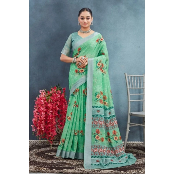 Generic Women's Linen Floral Printed Saree With Unstitched Blouse 5.5Mtr (Green) - Green