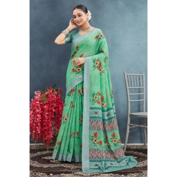 Generic Women's Linen Floral Printed Saree With Unstitched Blouse 5.5Mtr (Green) - Green