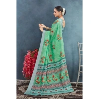 Generic Women's Linen Floral Printed Saree With Unstitched Blouse 5.5Mtr (Green) - Green