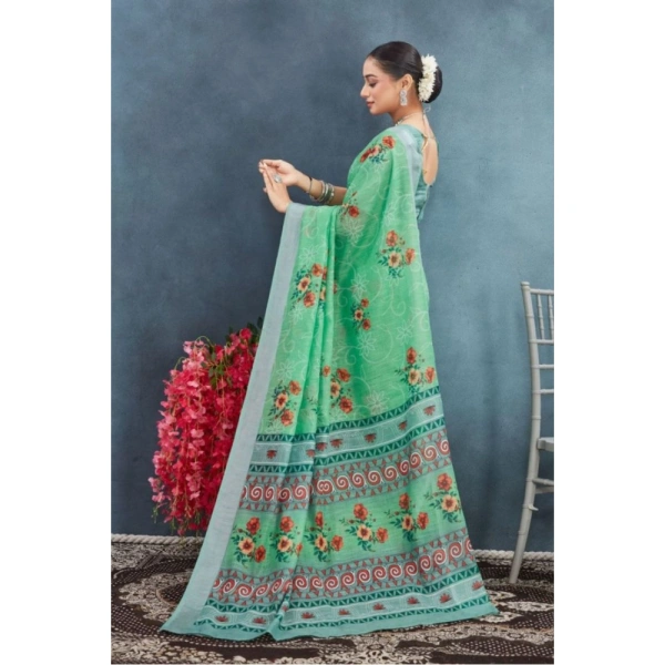 Generic Women's Linen Floral Printed Saree With Unstitched Blouse 5.5Mtr (Green) - Green
