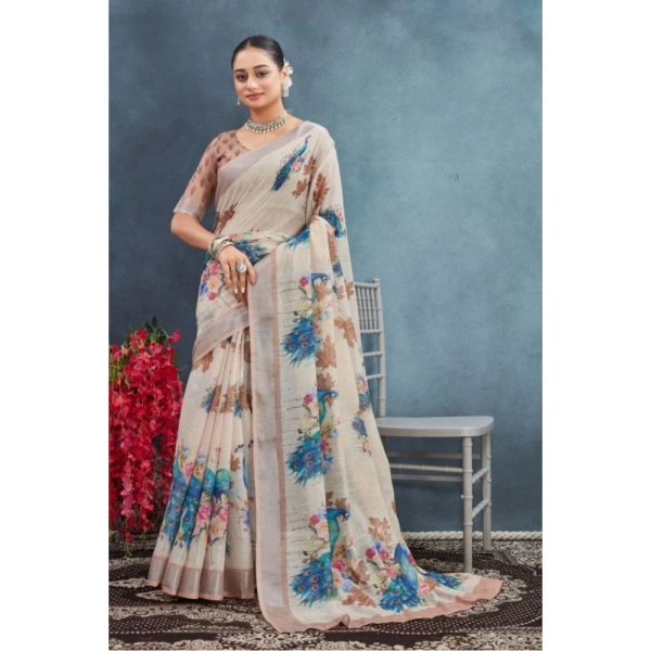 Generic Women's Linen Floral Printed Saree With Unstitched Blouse 5.5Mtr (Beige) - Beige