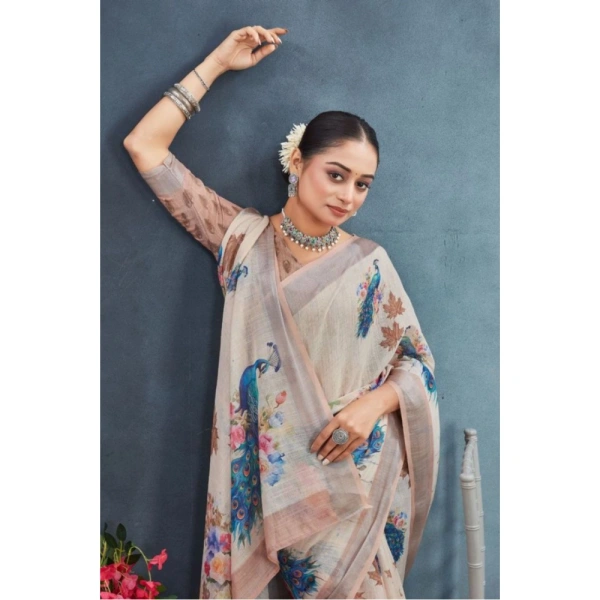Generic Women's Linen Floral Printed Saree With Unstitched Blouse 5.5Mtr (Beige) - Beige