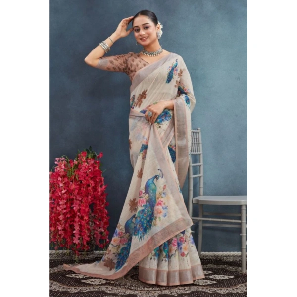 Generic Women's Linen Floral Printed Saree With Unstitched Blouse 5.5Mtr (Beige) - Beige