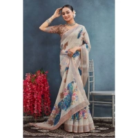 Generic Women's Linen Floral Printed Saree With Unstitched Blouse 5.5Mtr (Beige) - Beige