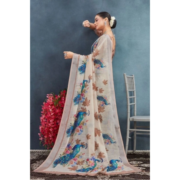 Generic Women's Linen Floral Printed Saree With Unstitched Blouse 5.5Mtr (Beige) - Beige