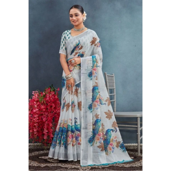 Generic Women's Linen Floral Printed Saree With Unstitched Blouse 5.5Mtr (Off-White) - Off-White