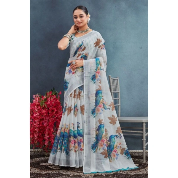 Generic Women's Linen Floral Printed Saree With Unstitched Blouse 5.5Mtr (Off-White) - Off-White