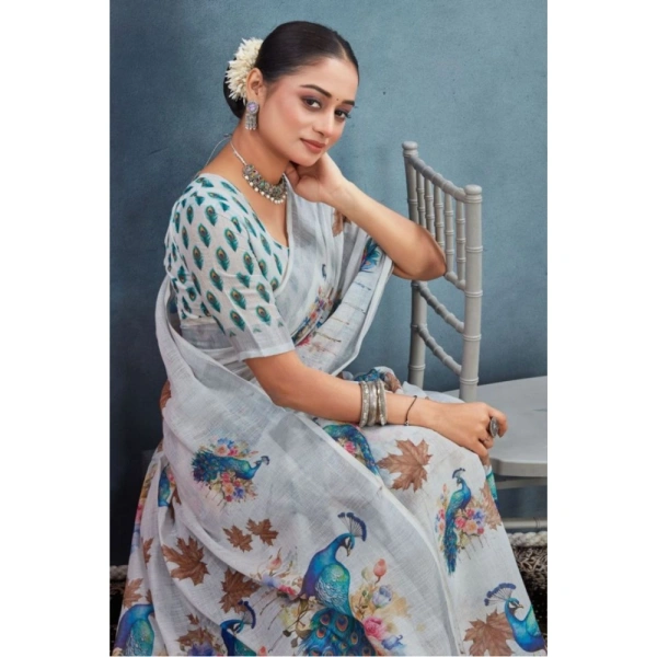 Generic Women's Linen Floral Printed Saree With Unstitched Blouse 5.5Mtr (Off-White) - Off-White