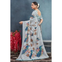 Generic Women's Linen Floral Printed Saree With Unstitched Blouse 5.5Mtr (Off-White) - Off-White