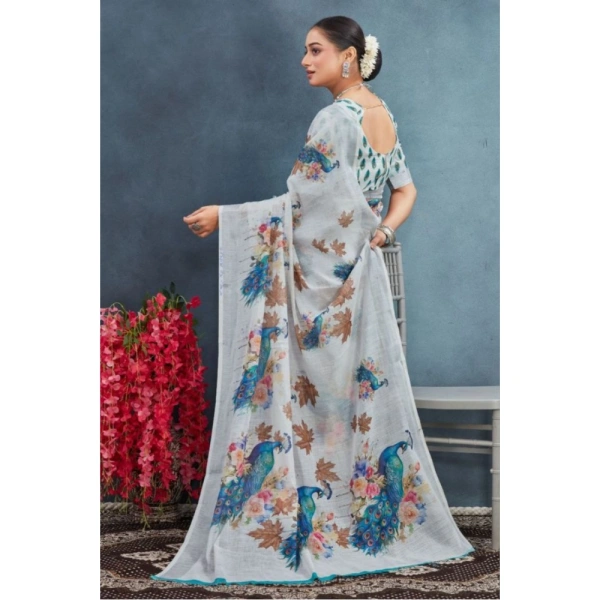 Generic Women's Linen Floral Printed Saree With Unstitched Blouse 5.5Mtr (Off-White) - Off-White