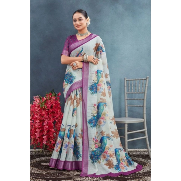 Generic Women's Linen Floral Printed Saree With Unstitched Blouse 5.5Mtr (Magenta) - Magenta
