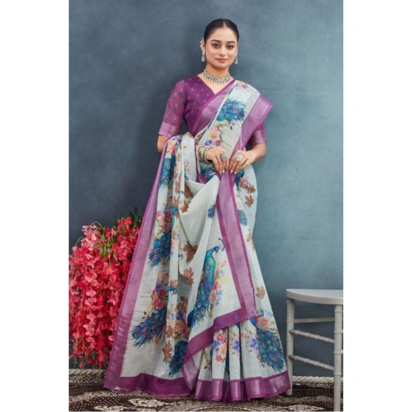 Generic Women's Linen Floral Printed Saree With Unstitched Blouse 5.5Mtr (Magenta) - Magenta