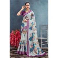 Generic Women's Linen Floral Printed Saree With Unstitched Blouse 5.5Mtr (Magenta) - Magenta