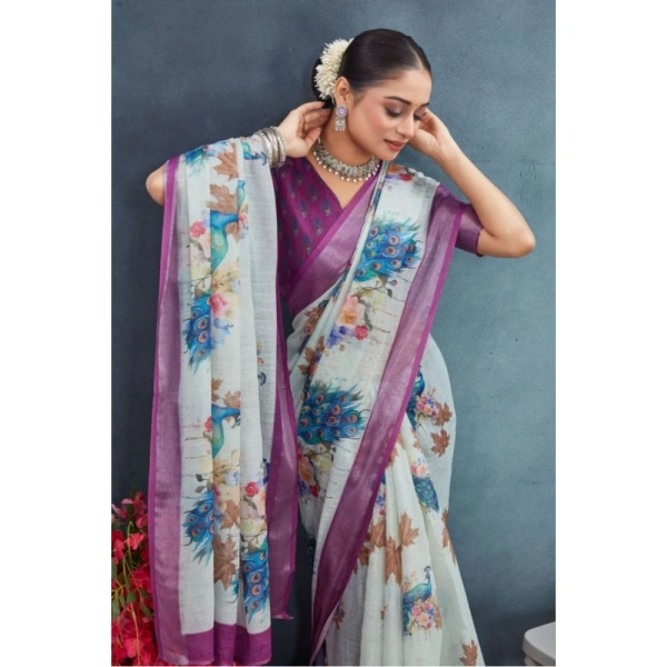 Generic Women's Linen Floral Printed Saree With Unstitched Blouse 5.5Mtr (Magenta) - Magenta