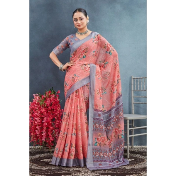 Generic Women's Linen Floral Printed Saree With Unstitched Blouse 5.5Mtr (Peach) - Peach
