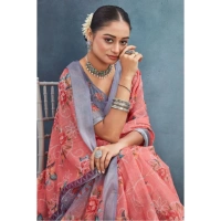 Generic Women's Linen Floral Printed Saree With Unstitched Blouse 5.5Mtr (Peach) - Peach