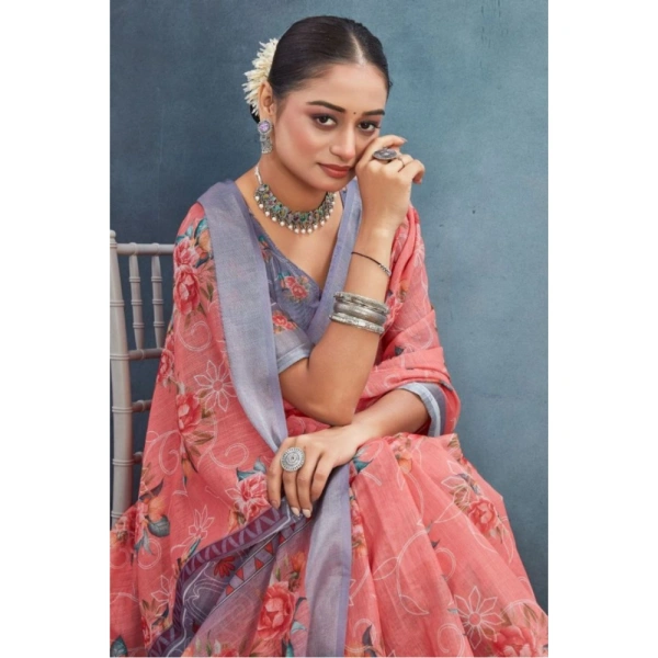 Generic Women's Linen Floral Printed Saree With Unstitched Blouse 5.5Mtr (Peach) - Peach
