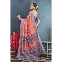 Generic Women's Linen Floral Printed Saree With Unstitched Blouse 5.5Mtr (Peach) - Peach