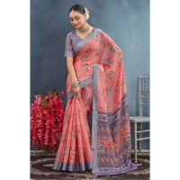 Generic Women's Linen Floral Printed Saree With Unstitched Blouse 5.5Mtr (Peach) - Peach