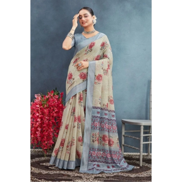 Generic Women's Linen Floral Printed Saree With Unstitched Blouse 5.5Mtr (Beige) - Beige