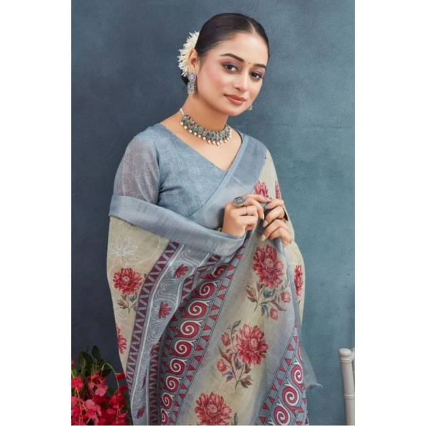 Generic Women's Linen Floral Printed Saree With Unstitched Blouse 5.5Mtr (Beige) - Beige