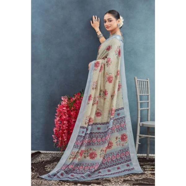 Generic Women's Linen Floral Printed Saree With Unstitched Blouse 5.5Mtr (Beige) - Beige